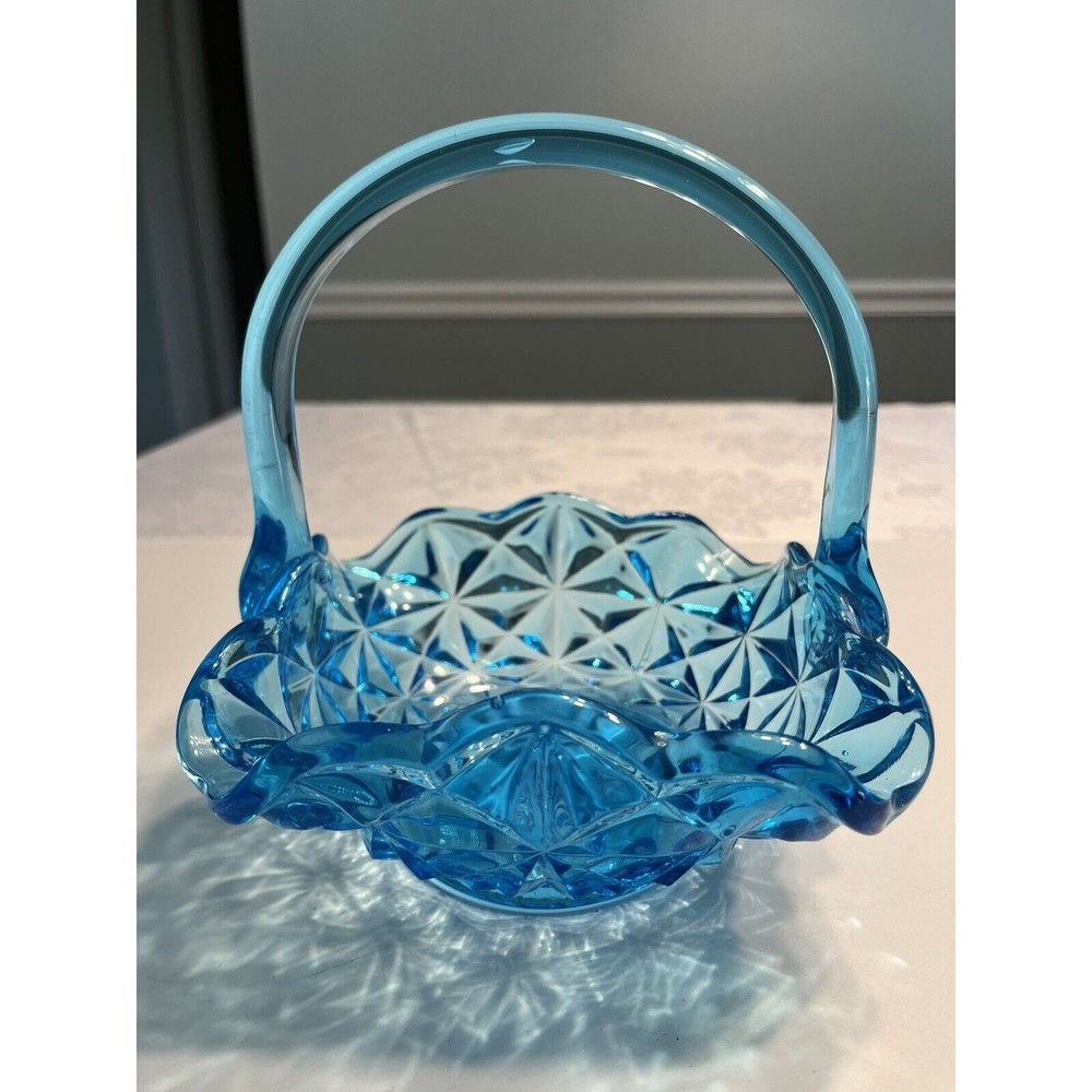 Vintage Indiana Monticello Blue Square Glass Basket With Handle